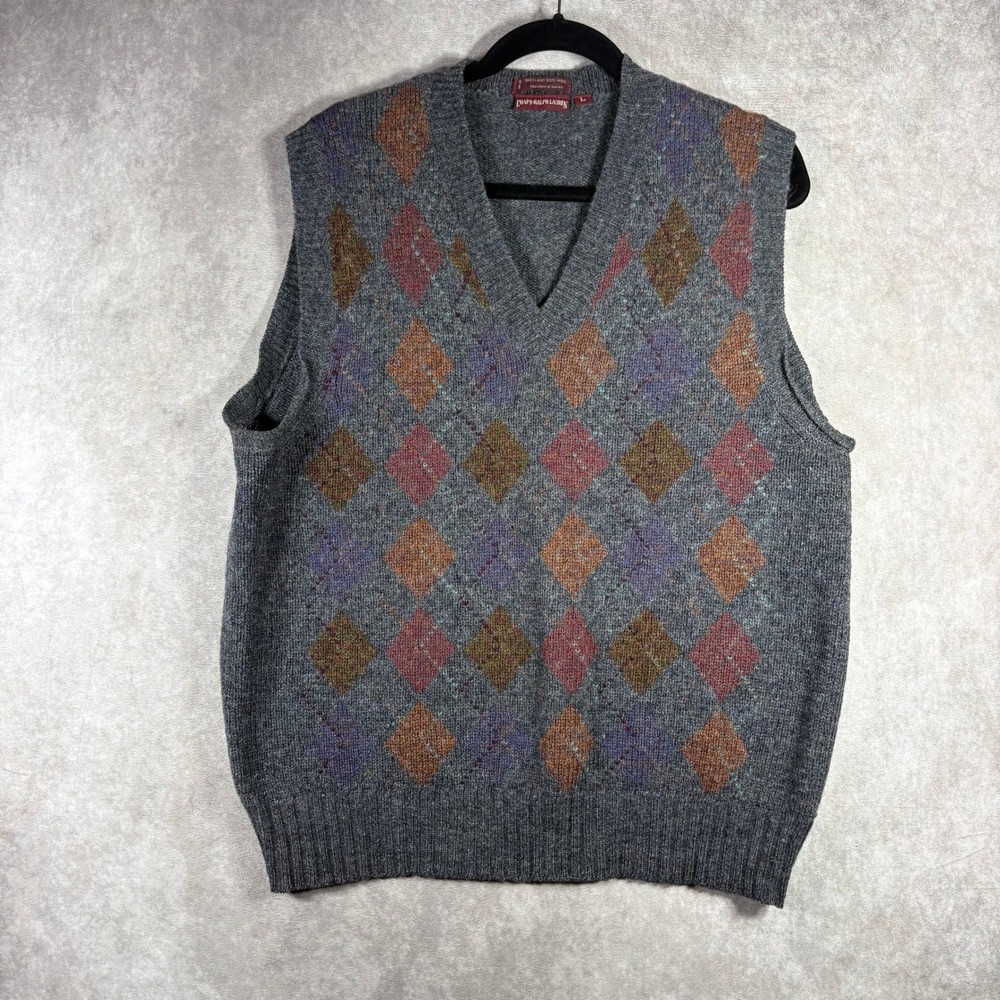 Chaps Ralph Lauren Sweater Vest Men Large Gray Argyle‎ V-Neck Shetland Wool Knit